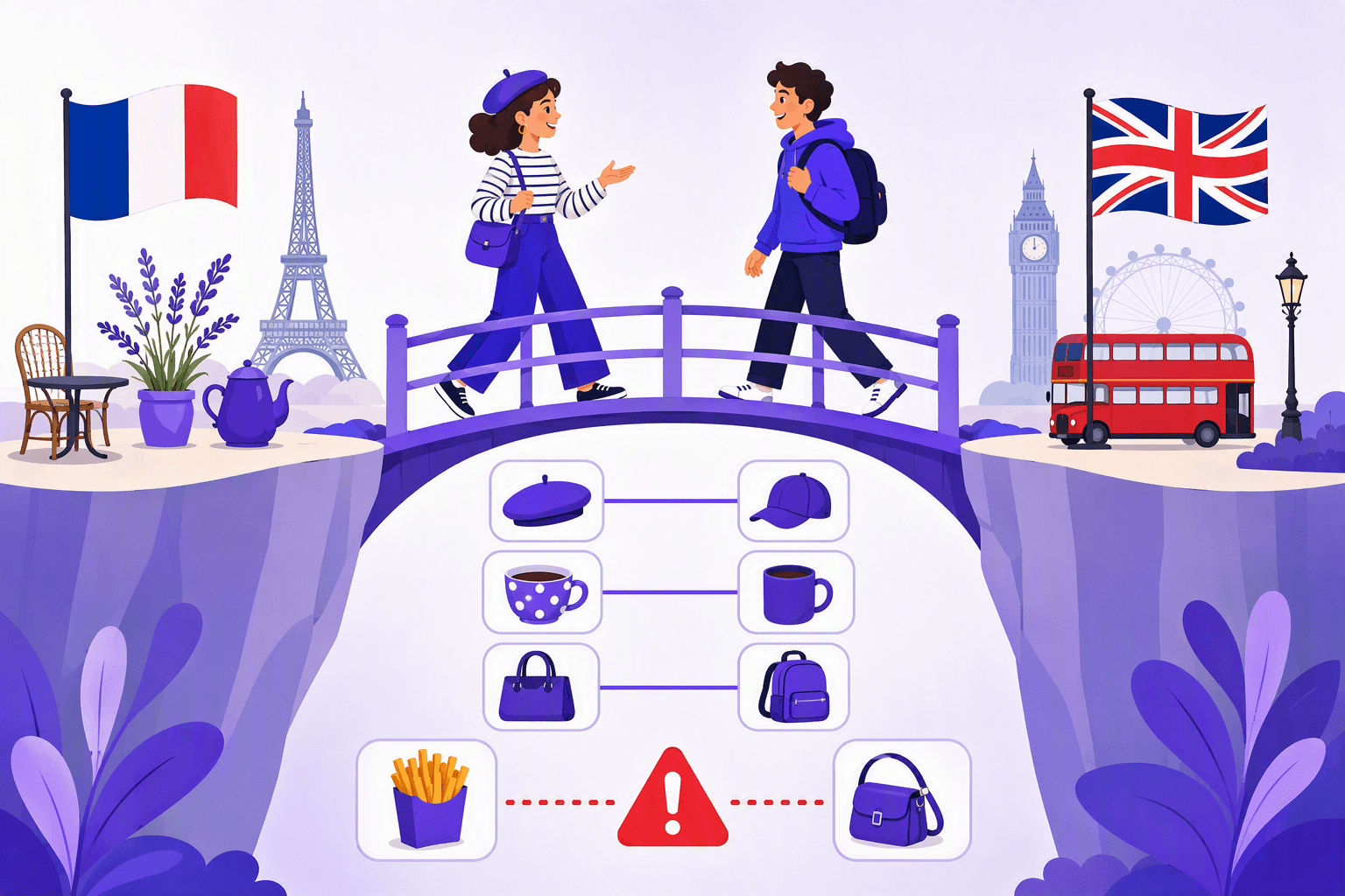 Flat-vector scene showing two learners crossing a bridge between French and English flags, matching everyday object icons connected across the bridge, and a red caution sign beside mismatched objects representing false friends.