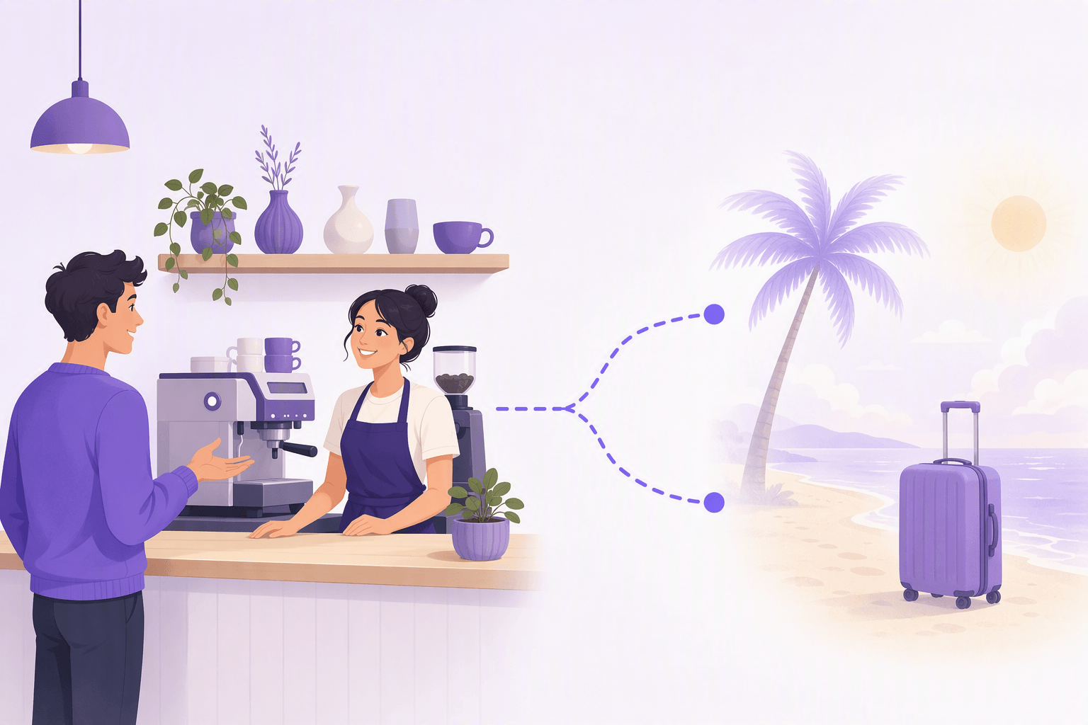 A customer making a polite request to a barista at a cafe counter, with a dashed path forking in two directions toward a dreamy imagined trip with a palm tree, a beach and a suitcase