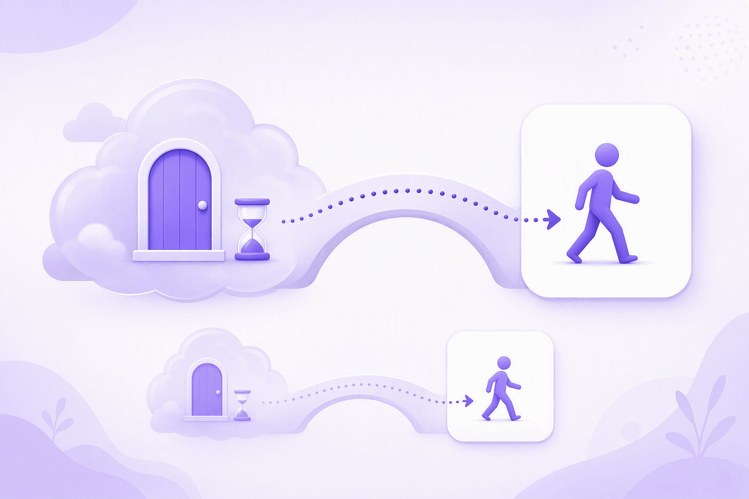 A diagram showing an imagined condition drawn as a cloud with a closed door and an hourglass, linked by a bridge and a dotted arrow to a card with a walking figure, with the same pattern repeated faded below