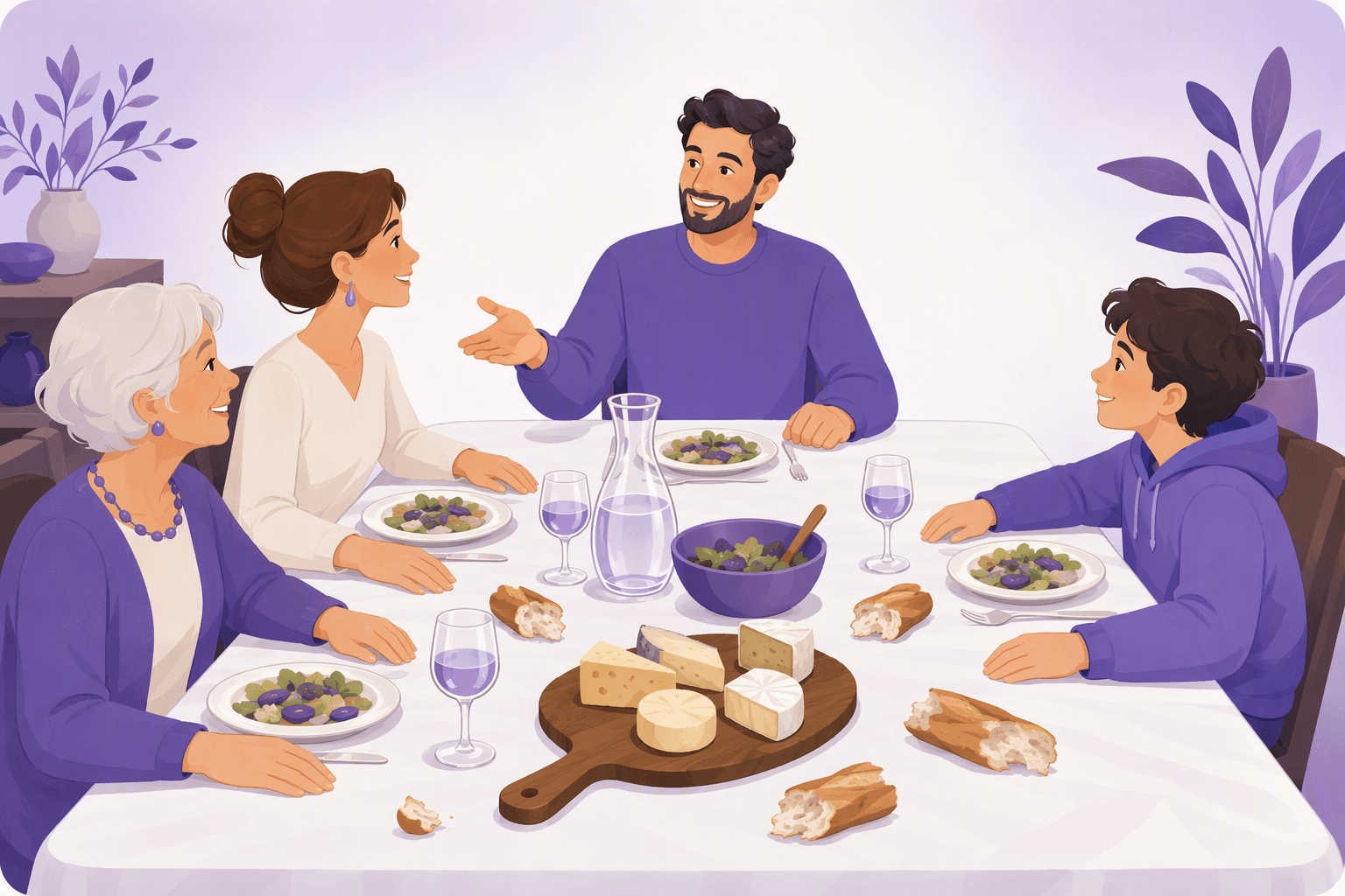 Une table de dîner familiale française où des morceaux de baguette déchirés reposent directement sur la nappe, un plateau de fromages trône au centre, et chacun attend les mains visibles sur la table avant de commencer
