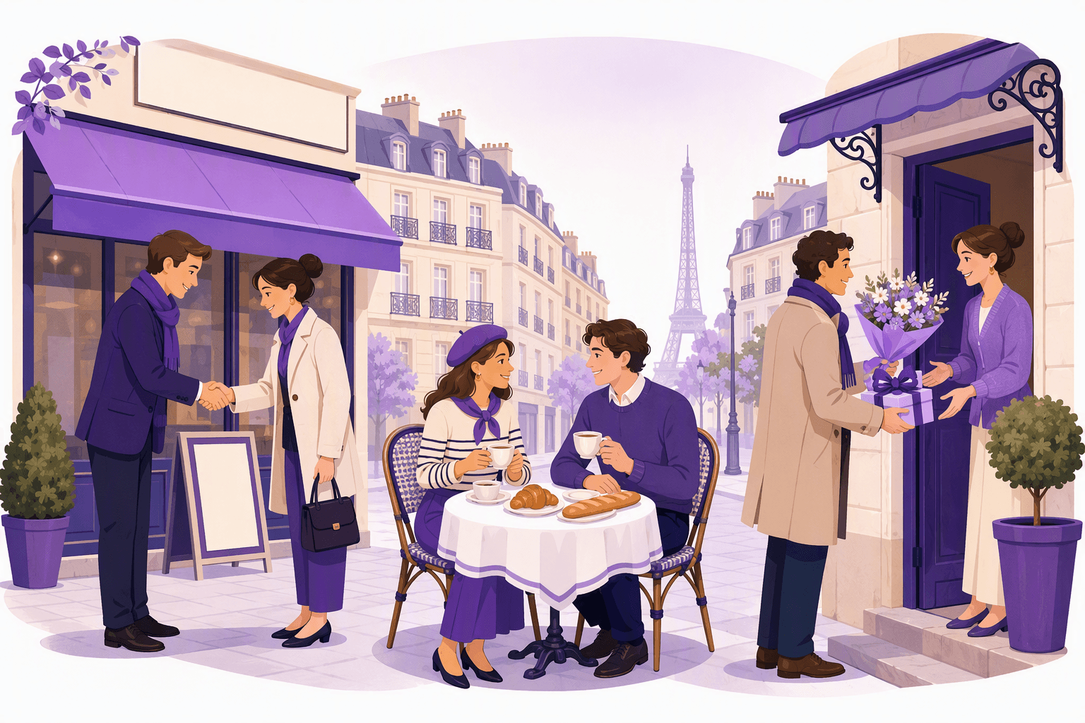 Scènes d'étiquette française au quotidien : une salutation polie par poignée de main devant une boutique parisienne, deux personnes partageant un café et un croissant à une table de bistrot, et un invité tendant des fleurs et un petit cadeau à un hôte à la porte