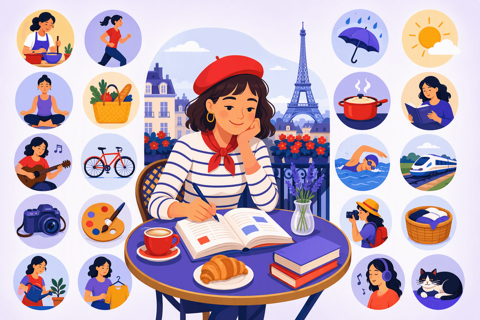 Flat-vector scene of a learner studying French at a café table beside an open grammar book, with twenty colorful everyday activity icons and Parisian details including a red beret, croissant, and Eiffel Tower.