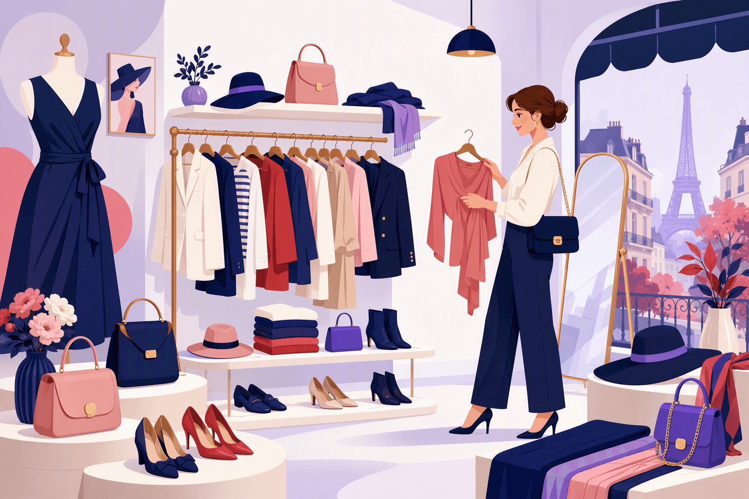 Flat-vector scene of a French clothing boutique featuring a mannequin in a dress, racks of assorted clothes, shoes, handbags, fabric swatches, a mirror, and a shopper holding a garment near a Parisian storefront window.