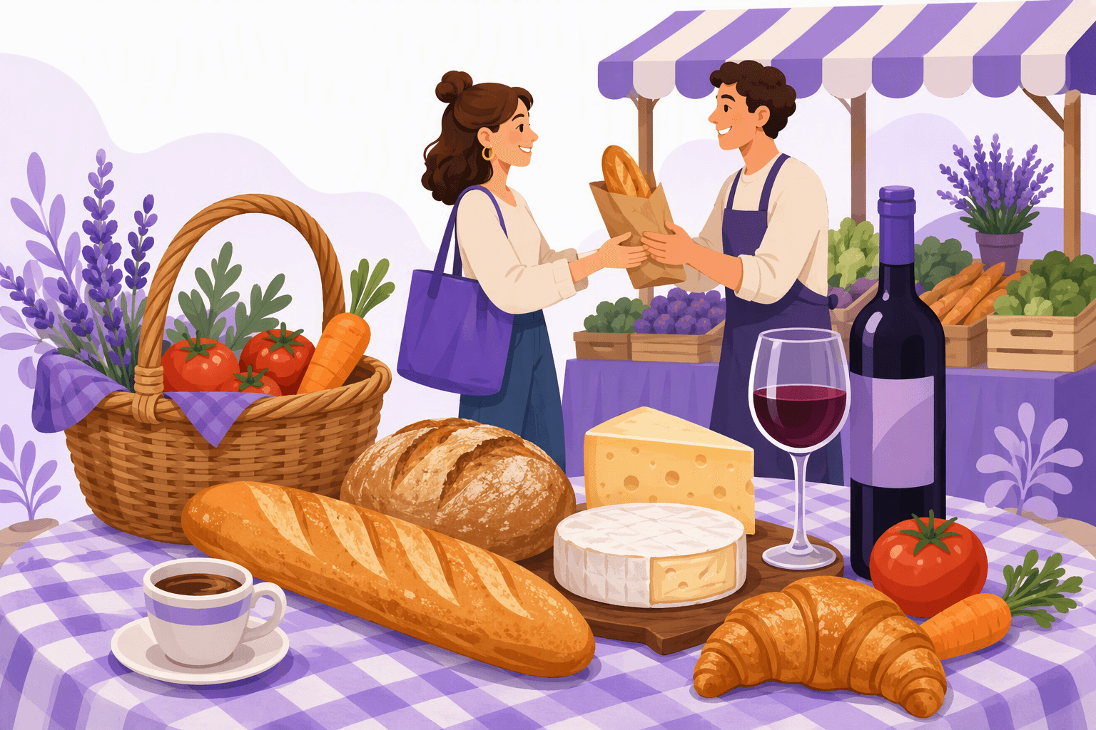 A market table spread with a baguette, a country loaf, a wheel and a wedge of cheese, a glass and bottle of red wine, a cup of coffee, a croissant, a tomato and a carrot, with two shoppers exchanging a paper-wrapped loaf at a produce stall behind