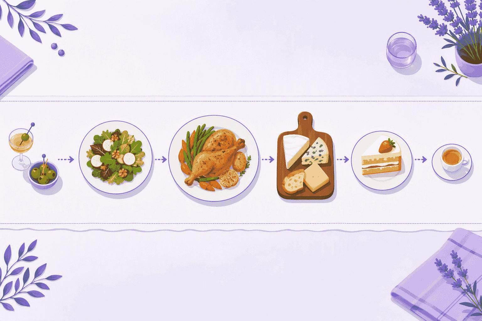 The courses of a traditional French meal laid out left to right on a long table: an aperitif glass with a bowl of olives, a green starter salad, a main plate of roast chicken with vegetables, a wooden board of cheese wedges with a slice of baguette, a slice of cake with a strawberry, and a small espresso cup