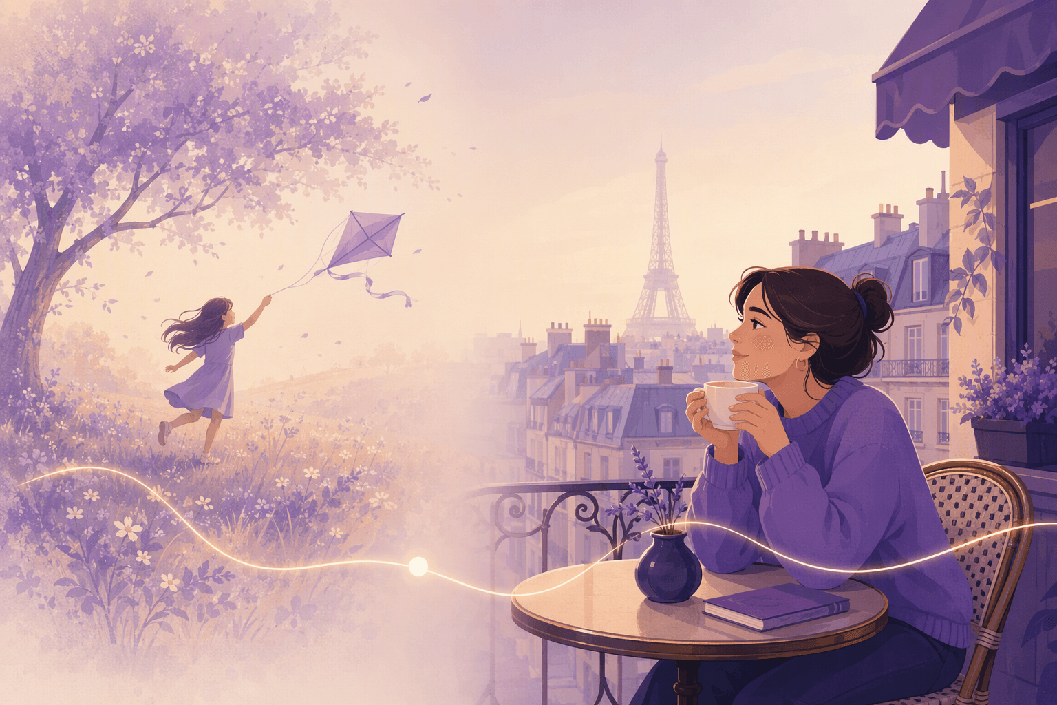 A woman on a Paris cafe terrace looking back at a childhood memory that dissolves into mist, illustrating the French imperfect tense