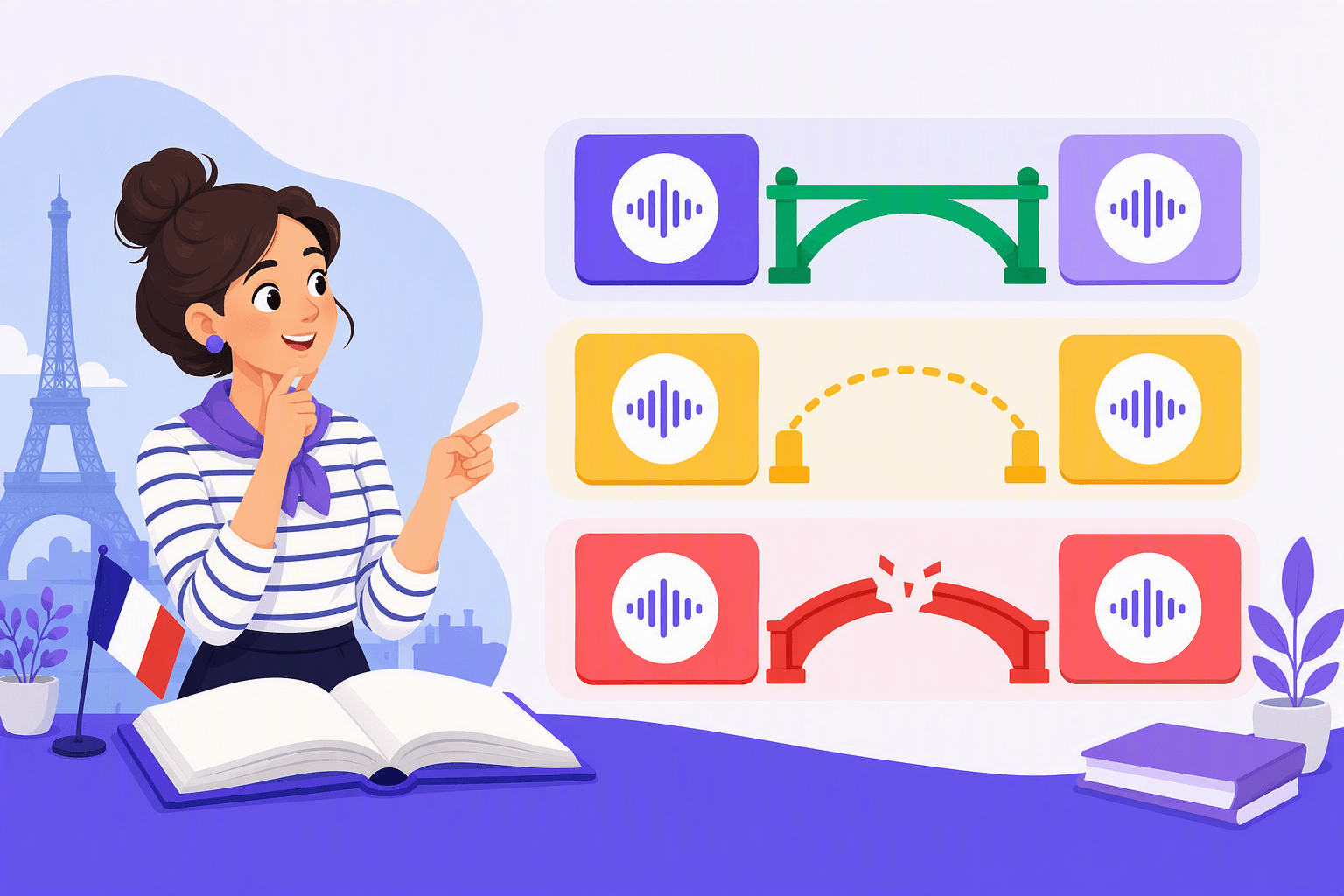 Flat-vector illustration of a French learner studying three pairs of word tiles, with green solid, yellow dotted, and red broken bridges representing required, optional, and incorrect liaison between words.