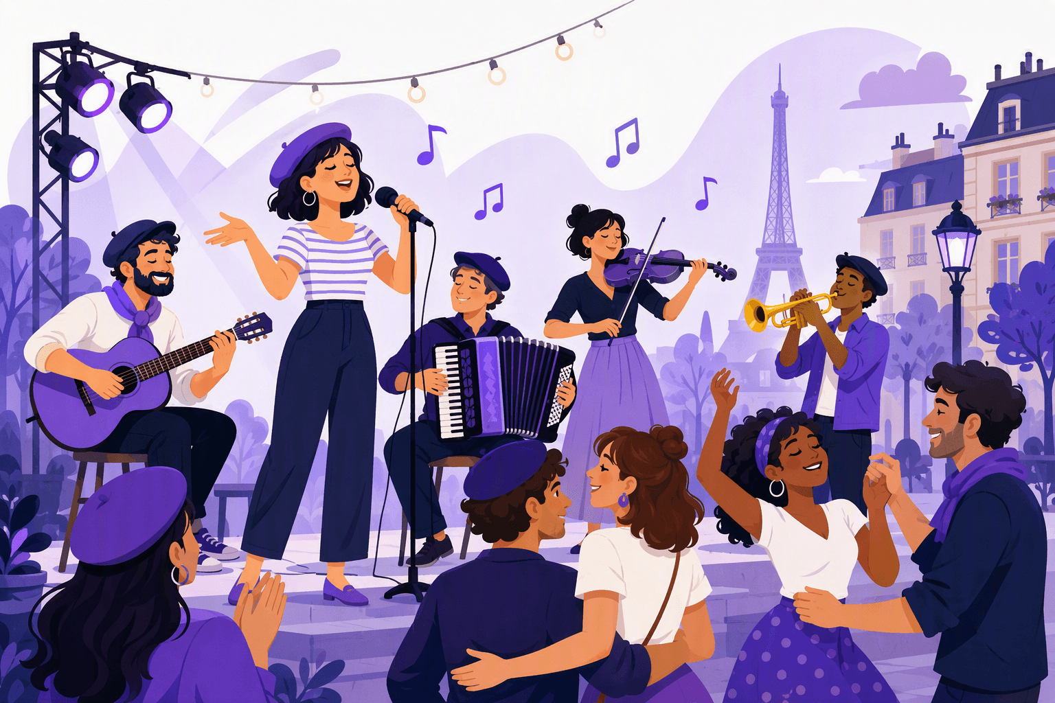 Flat-vector illustration of a French street concert featuring a singer with a microphone, guitar, accordion, violin, trumpet, headphones, musical notes, stage lights, dancing listeners, and an Eiffel Tower silhouette.