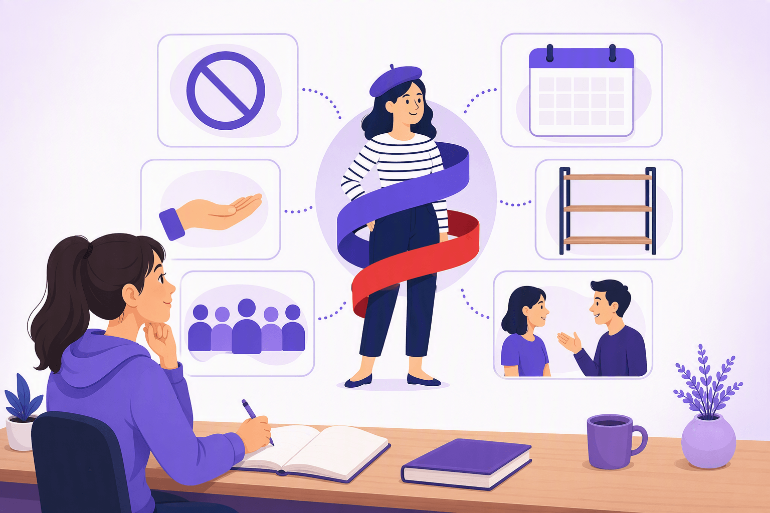Flat-vector scene of a French learner studying while a central action figure is wrapped by two bands and surrounded by visual symbols for not, never, no longer, nothing, nobody, and conversational shortening.