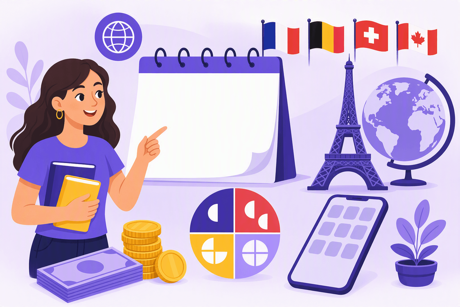 Flat-vector illustration of a learner using visual symbols for French dates, money, decimals, fractions, phone numbers, years, and regional language varieties from France, Belgium, Switzerland, and Canada.