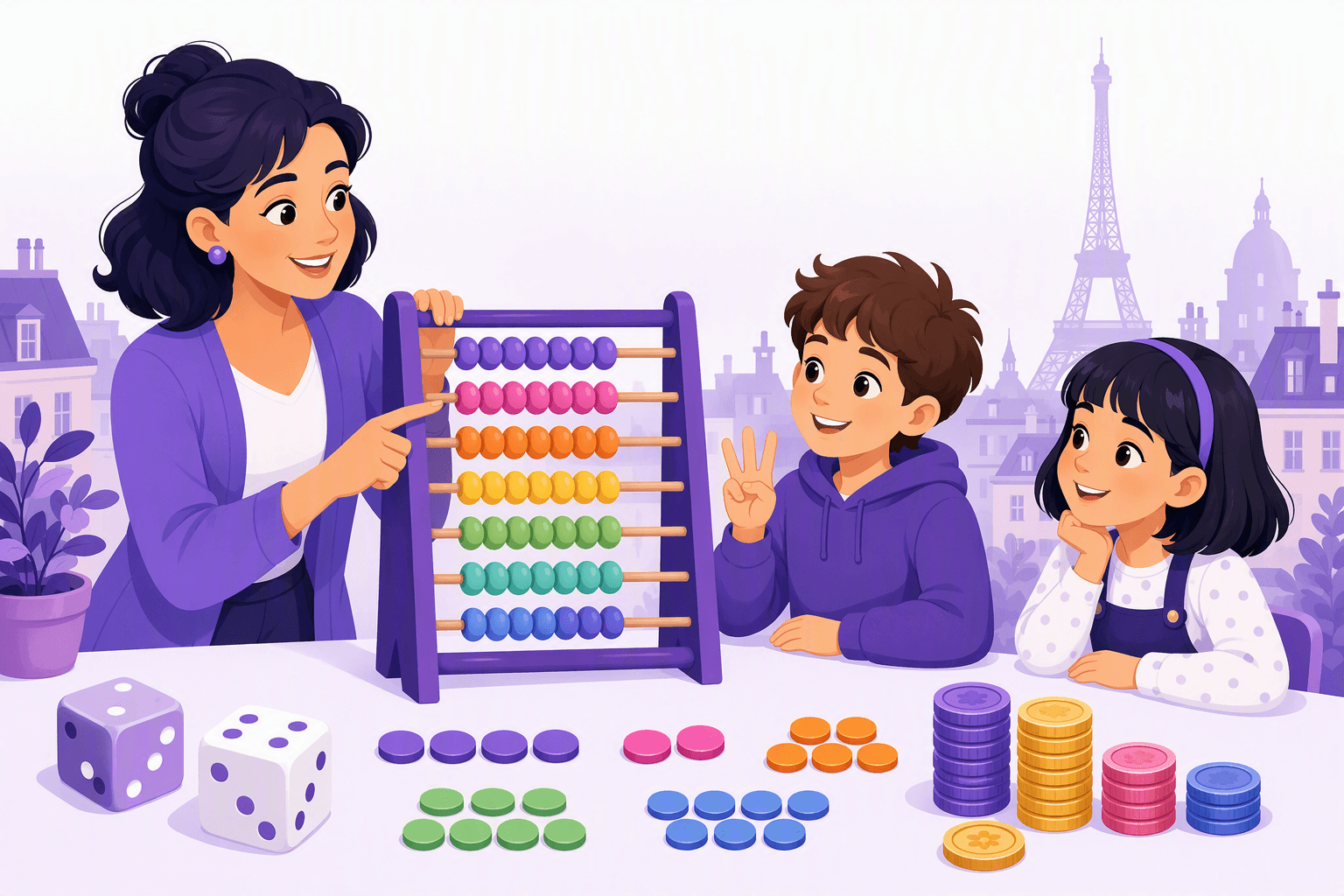 A teacher and two children counting together with an abacus, dice and stacks of coins on a table, with Paris rooftops in the background