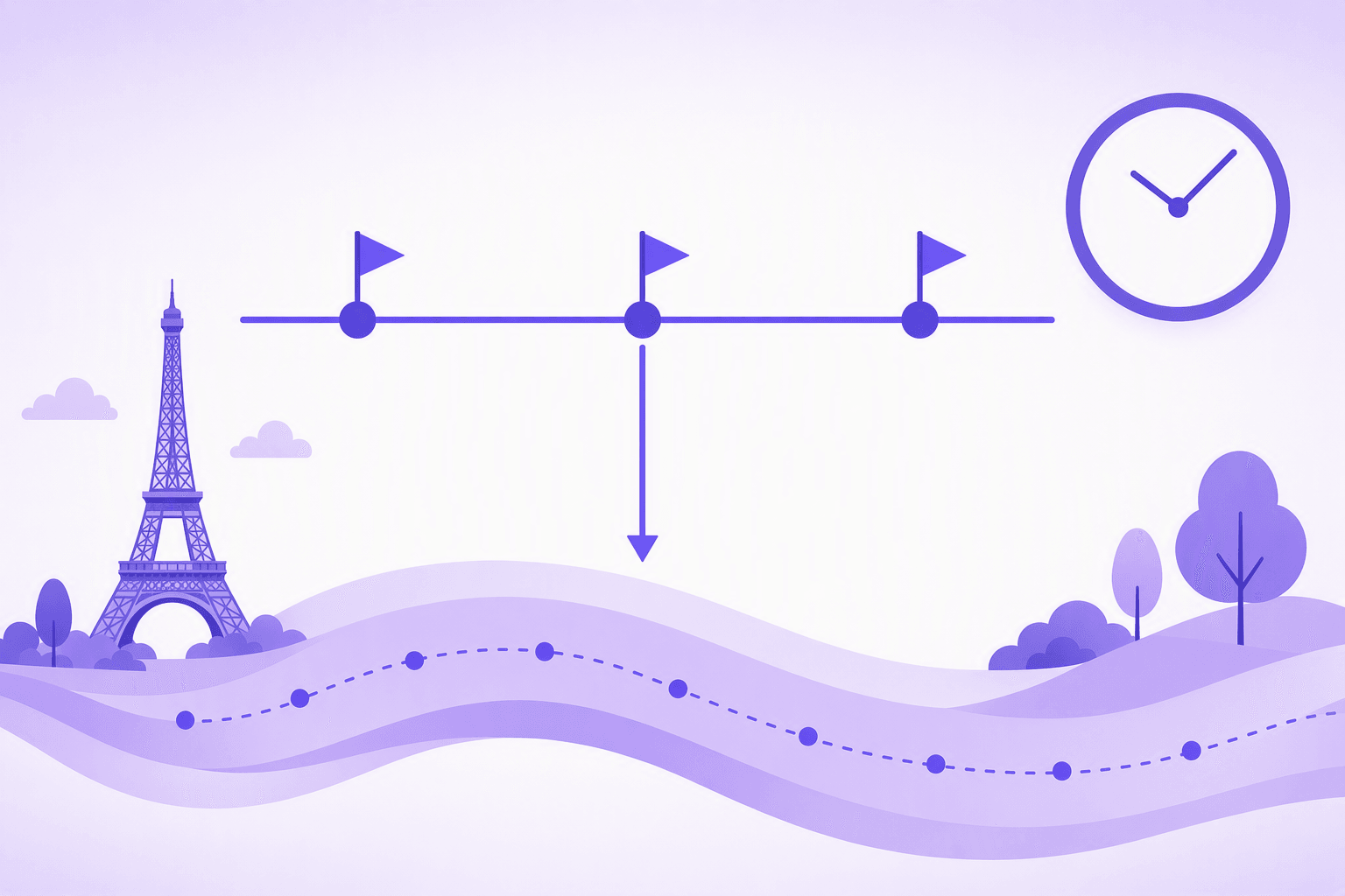 Timeline metaphor for French past tenses: bold completed-event checkpoints marked with flags on an upper line, flowing above a soft continuous ribbon that represents ongoing background time, with the Eiffel Tower and a clock in a purple flat-vector style