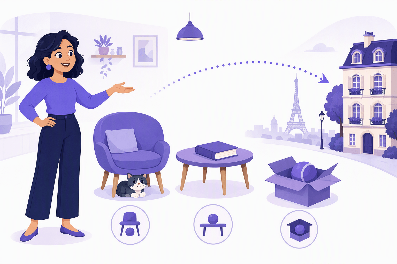Illustration of French prepositions as spatial relationships: a cat under a chair, a book on a table, a toy inside a box, and a dotted path leading toward a Parisian building