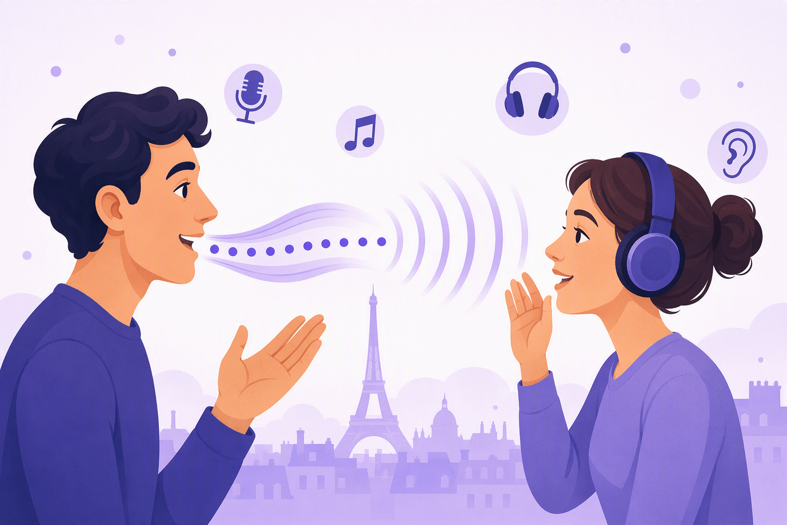 A speaker and a listener wearing headphones facing each other, with sound waves and evenly spaced rhythm dots travelling between them above a soft Paris skyline