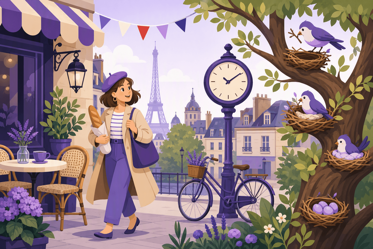 Flat-vector Parisian street scene showing a bird building a nest, a late-arriving café patron beside a large clock, and French details including a baguette, bicycle, and tricolor bunting.