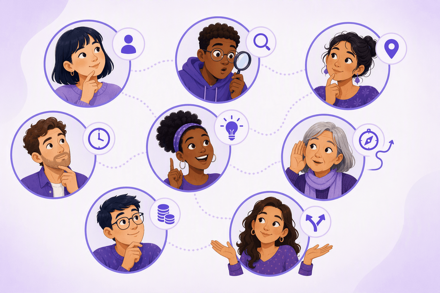 Eight curious faces paired with icons for the eight French question words: person, magnifying glass, map pin, clock, lightbulb, compass, coins and a forked arrow