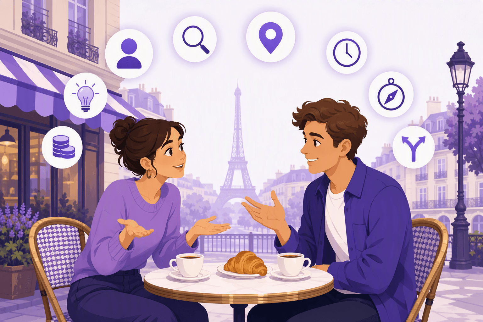 Two friends asking each other questions at a Paris cafe terrace, surrounded by icons for person, place, time, reason, manner, quantity and choice