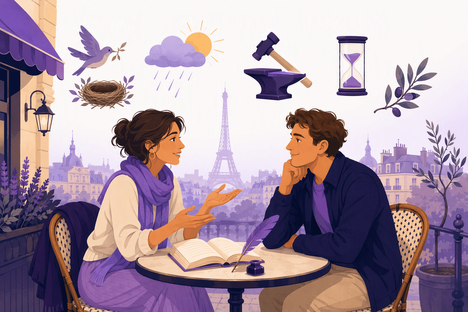 Two friends talking over coffee at a Paris cafe terrace, surrounded by symbols of classic French proverbs