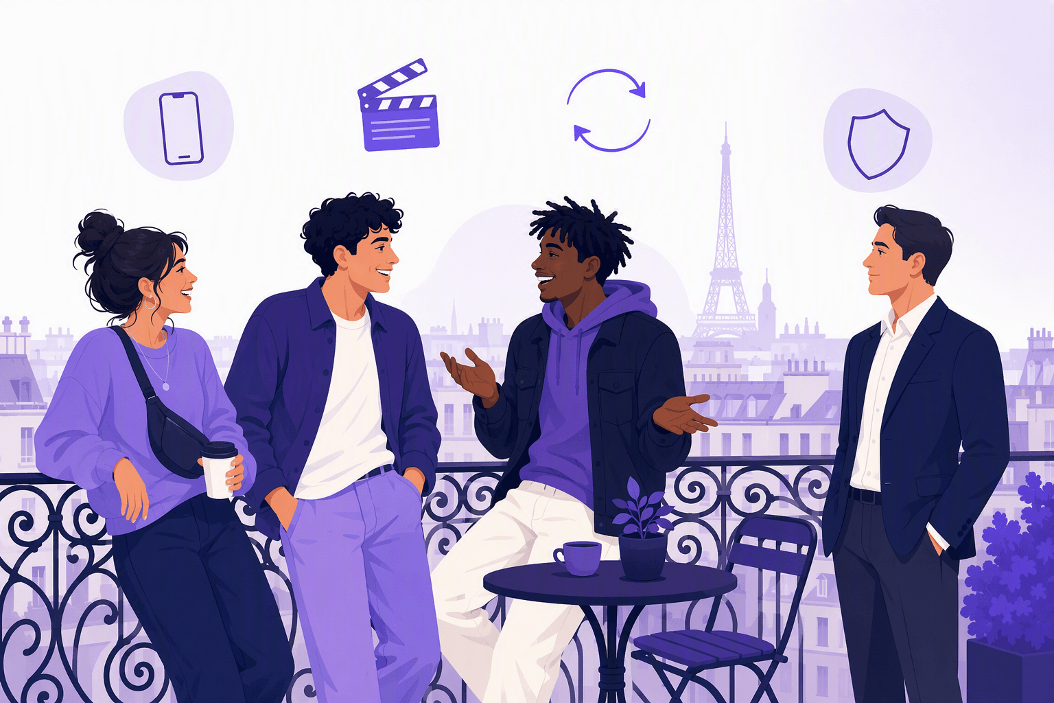 Three friends talking casually on a Paris balcony while a formally dressed person stands slightly apart, illustrating French slang and register