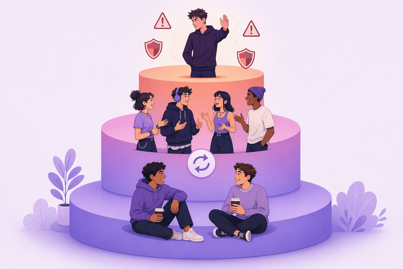 Three rising platforms showing relaxed friends with everyday slang at the bottom, a young group using verlan in the middle, and a tense figure surrounded by warning icons at the top