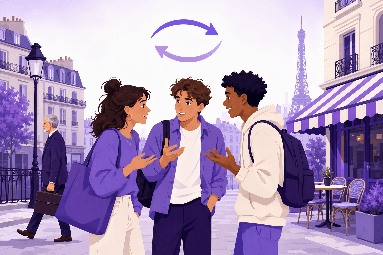 Três jovens amigos a conversar com gestos animados numa esquina de rua de Paris enquanto um homem vestido formalmente passa, com duas setas em ciclo por cima a sugerir sílabas invertidas