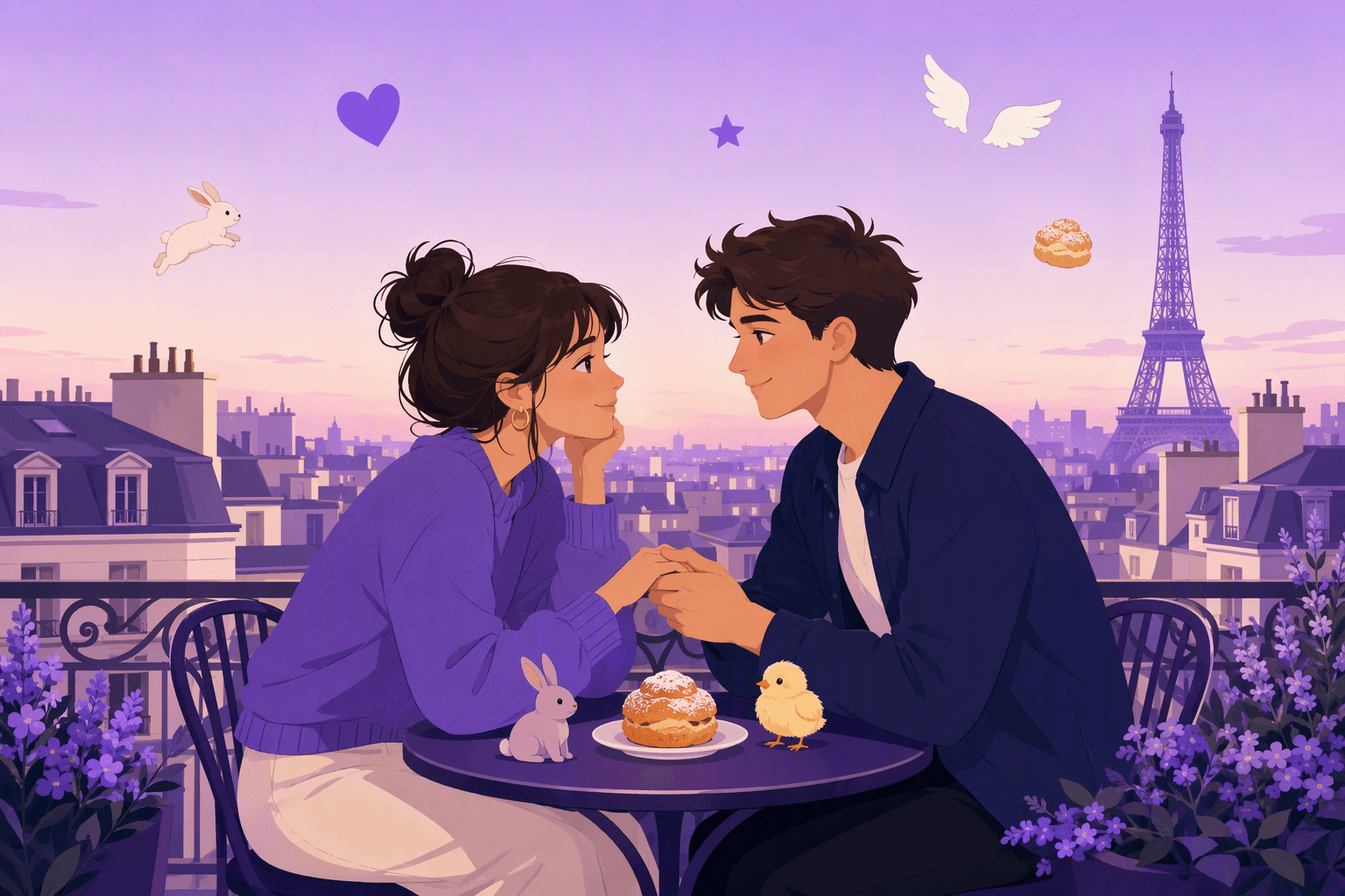 A couple on a Parisian balcony at sunset surrounded by symbols of French pet names: a heart, a star, a rabbit, a baby chick, a cream puff and angel wings