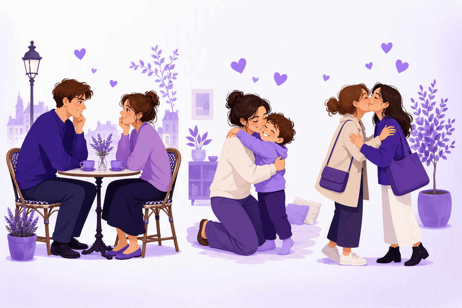 Three scenes showing who uses French pet names with whom: a couple on a date, a parent hugging a child, and two close friends greeting each other