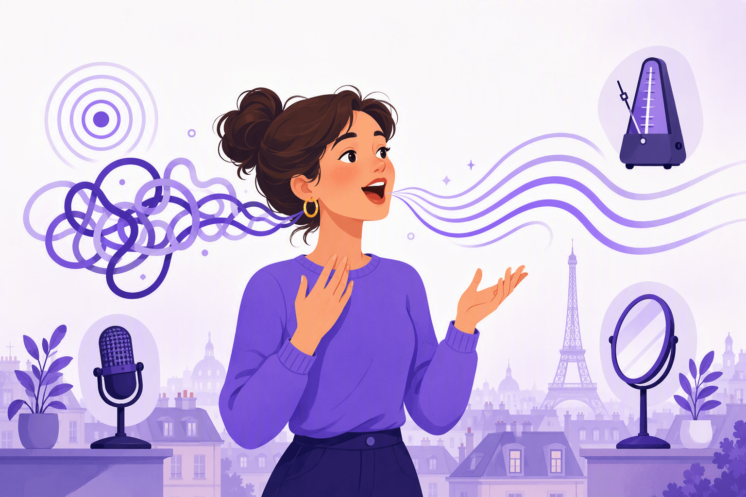 Learner practicing French tongue twisters out loud, tangled sound lines untangling into smooth waves over a Paris skyline
