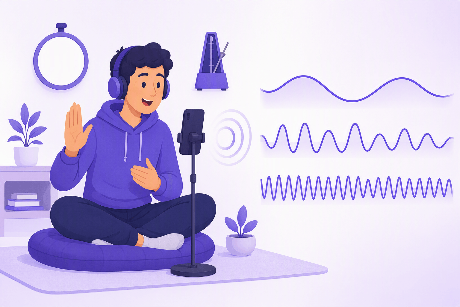 Ten-minute French pronunciation routine: a learner recording himself with headphones next to slow, medium and fast sound waves