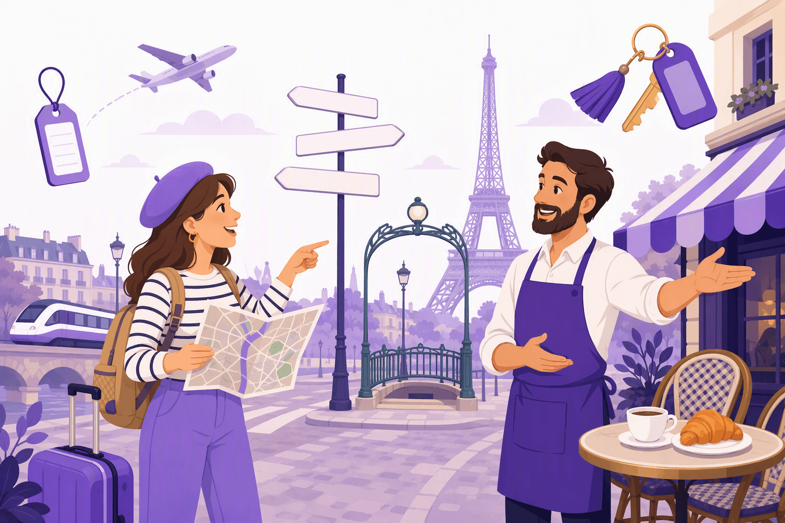 A traveler with a suitcase and a paper map asking a friendly Parisian shopkeeper for directions, with a café terrace, a metro entrance and the Eiffel Tower in the background