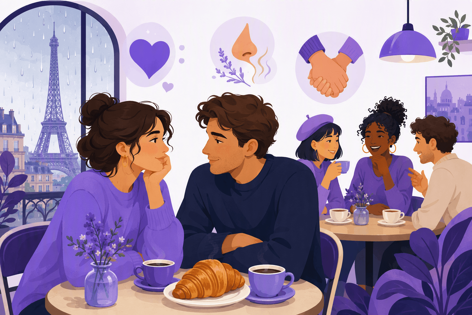 Flat-vector illustration of a Parisian café where people share quiet affection and conversation among coffee, a croissant, rain, the Eiffel Tower, and symbolic heart, aroma, and connection icons.