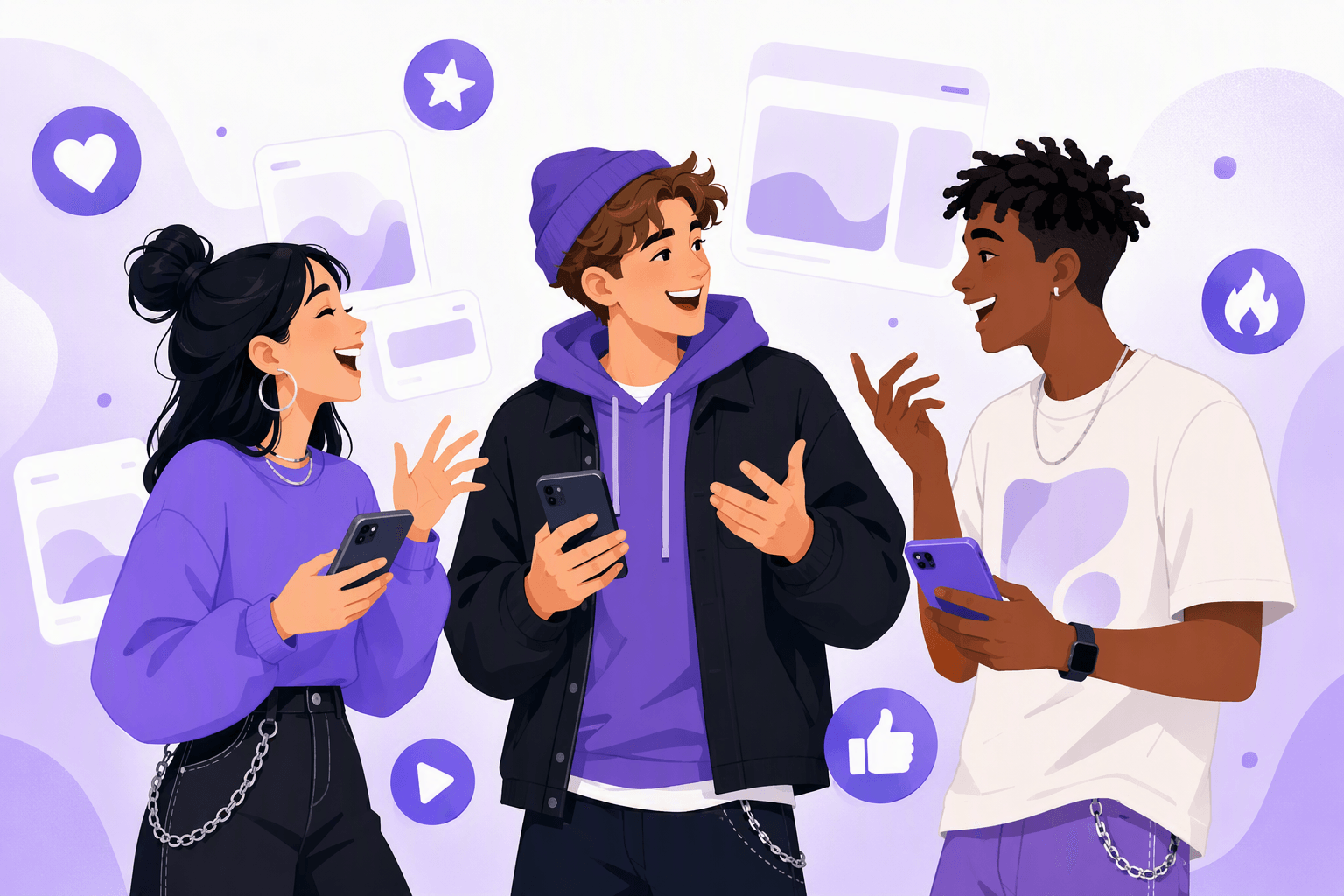 Three young friends laughing together with phones in hand, surrounded by floating social media reaction icons
