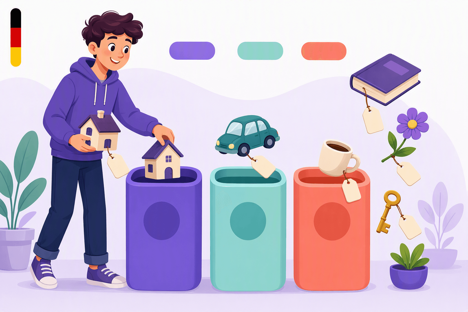 A learner sorting everyday objects into three colour-coded bins, a visual metaphor for the masculine, feminine and neuter genders behind German articles