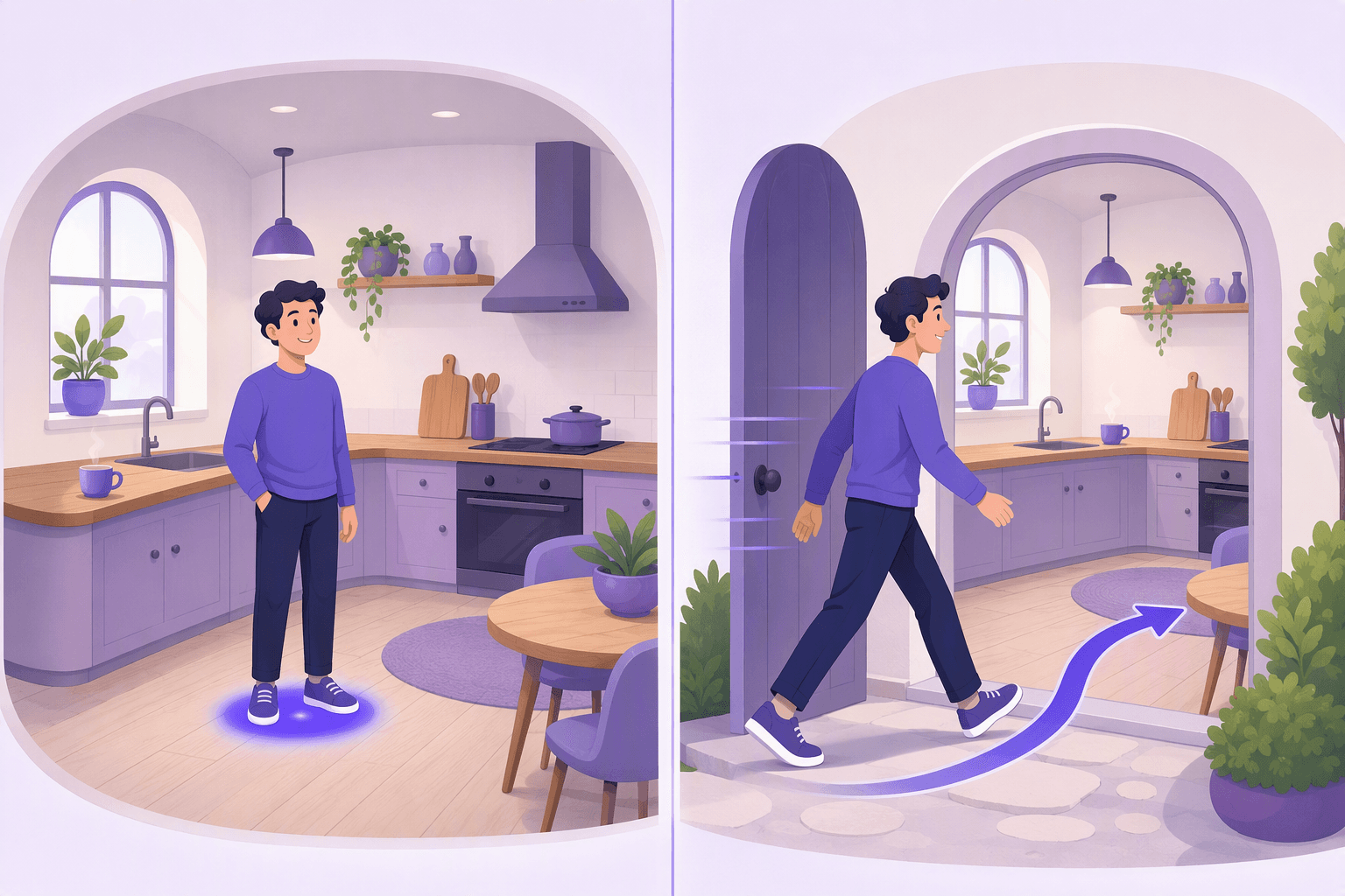 Split illustration contrasting a person standing inside a kitchen with the same person walking in through the door, the location versus direction distinction that decides dative or accusative
