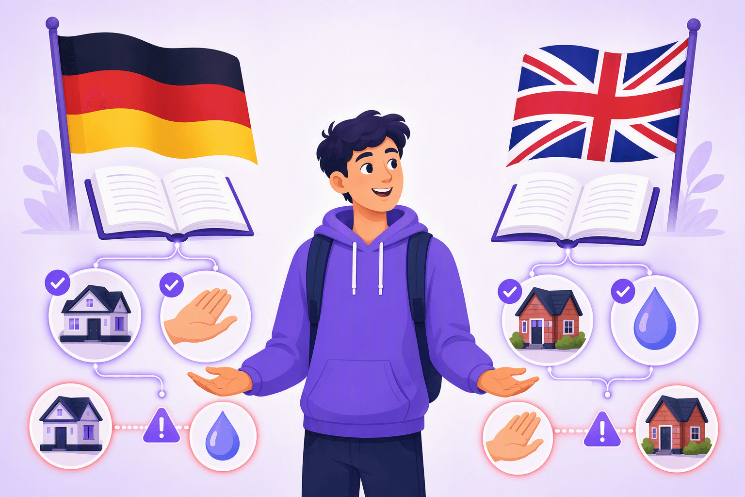 Flat-vector illustration of a learner comparing German and English through paired house, hand, and water symbols between German and British flags, with caution symbols representing false friends.