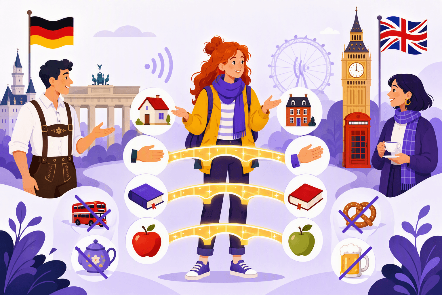Flat-vector illustration of a traveler crossing a bridge between German and British landmarks while paired everyday objects symbolize cognates and crossed-out mismatched pairs represent false friends.