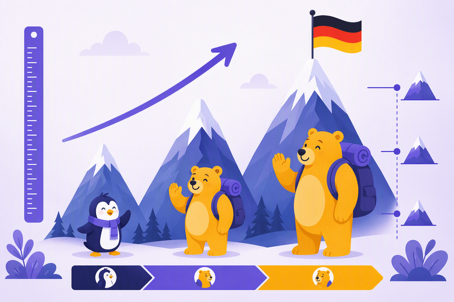 Flat-vector illustration of German language comparison concepts represented by three ascending alpine peaks, increasingly tall figures or objects, a German flag, a ruler, arrows, and height markers.
