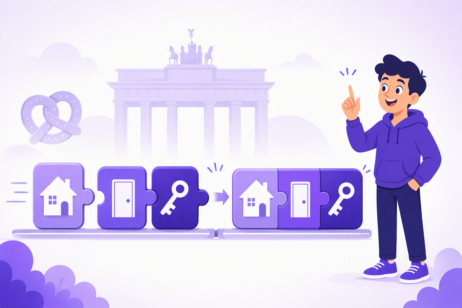 German compound words shown as building blocks: house, door and key icons snapping together into one single long word