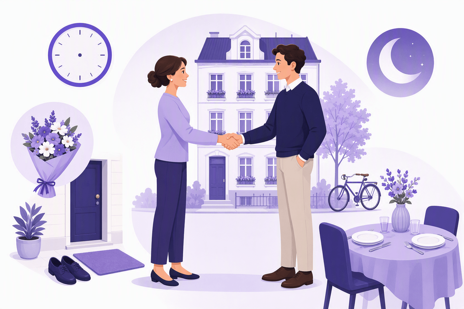 Two people greeting each other with a handshake in front of a German apartment building, with a set dining table, flowers, shoes by the door and a crescent moon representing quiet hours