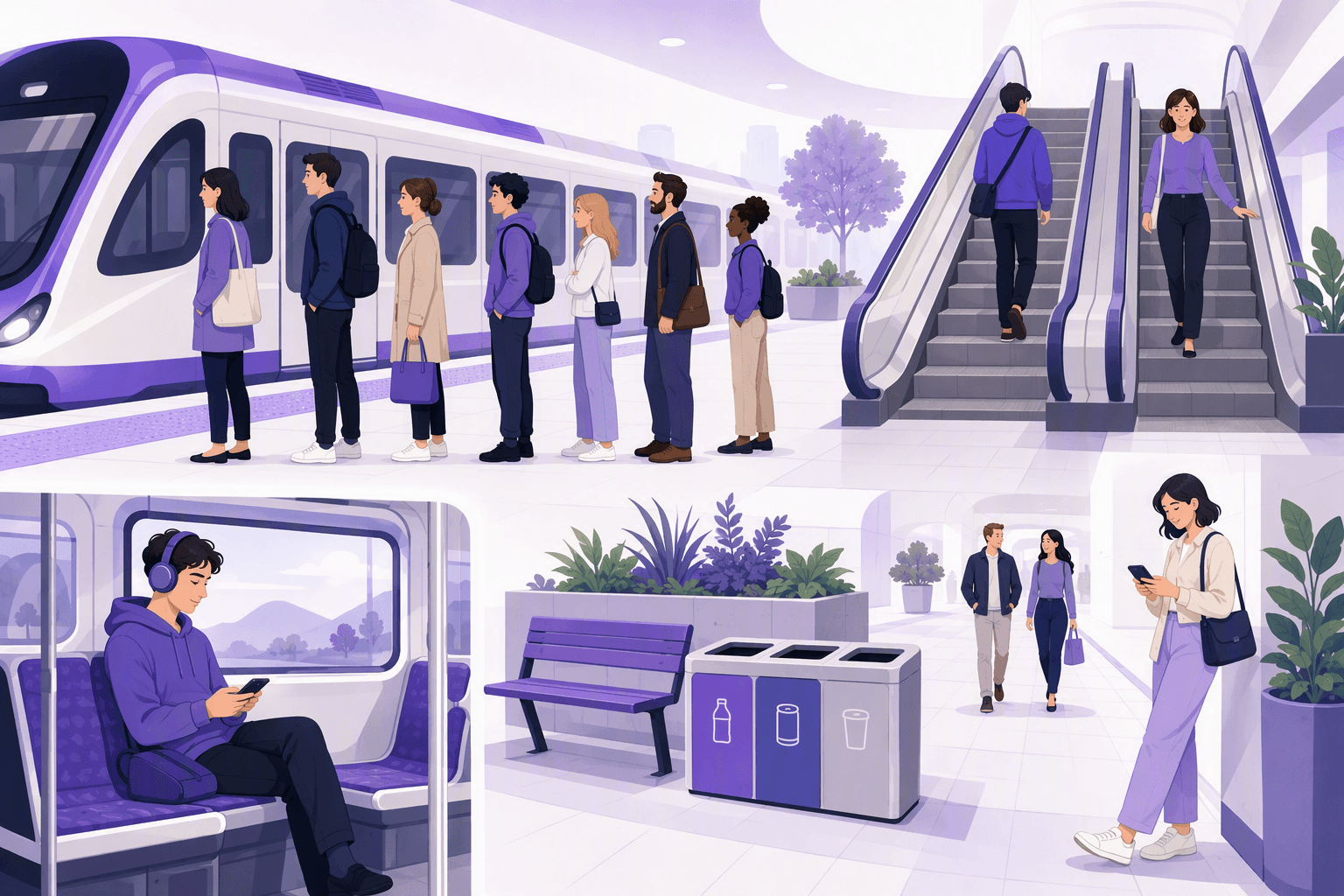 Commuters queueing calmly on a train platform, a passenger with headphones on a train, someone stepping aside to check a phone and a station recycling bin with separate compartments