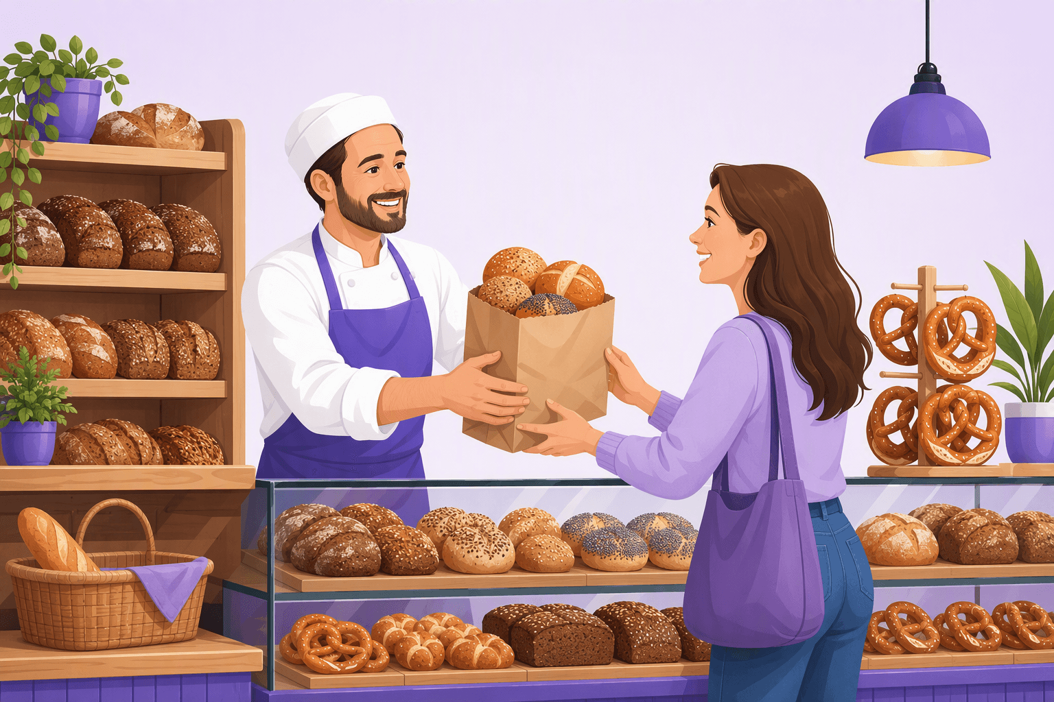 Un comptoir de boulangerie allemande rempli de pains de seigle, de petits pains aux graines et de bretzels, avec un boulanger tendant un sac en papier de petits pains à un client