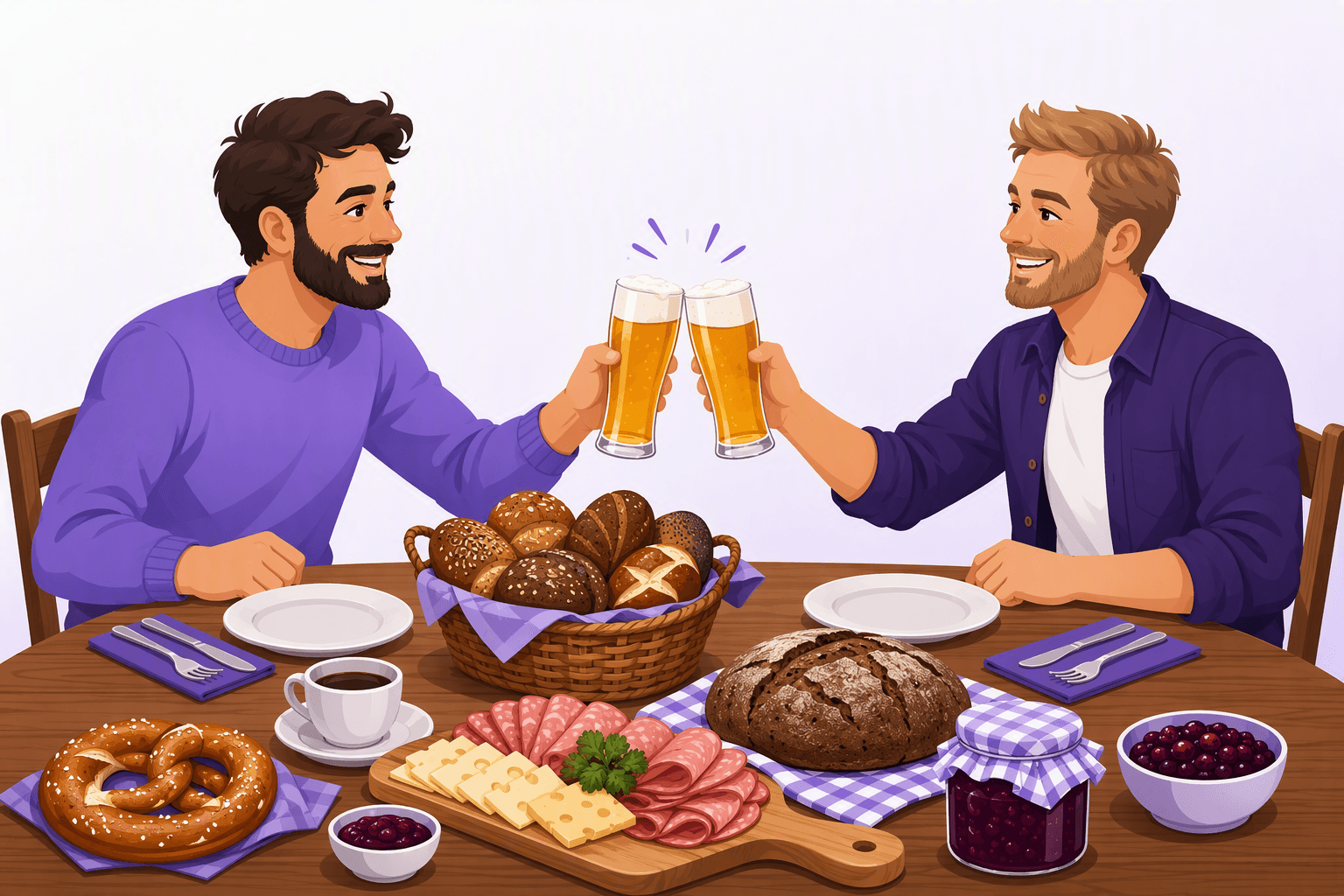 Deux amis trinquant avec des verres de bière au-dessus d'une table allemande dressée avec des petits pains, un pain de seigle foncé, un bretzel, du fromage et de la charcuterie