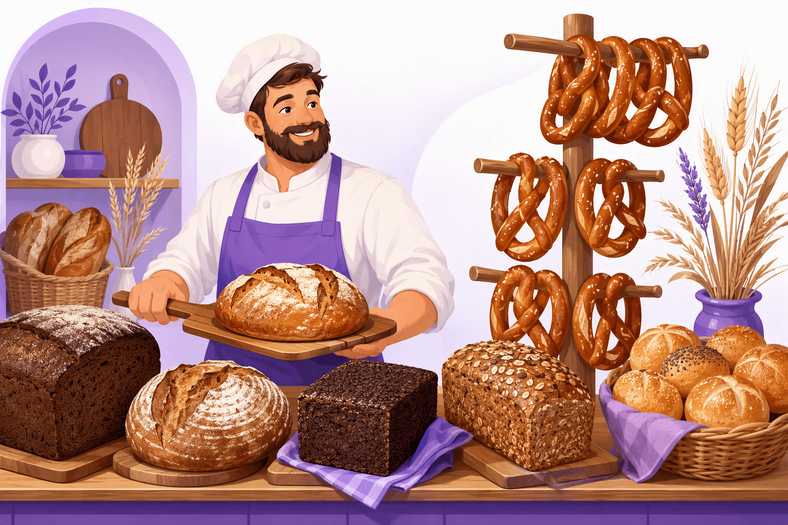 German bakery counter with dark rye, sourdough, pumpernickel and whole grain loaves, a basket of bread rolls and pretzels on a rack