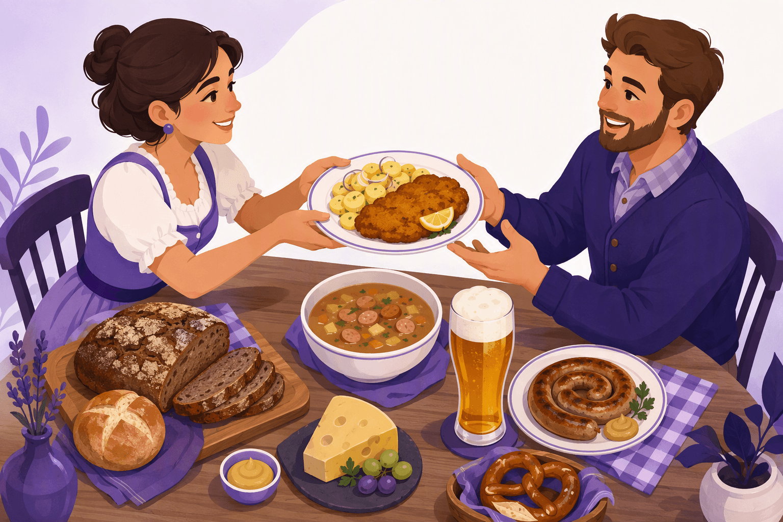 German meal table with rye bread, a bread roll, cheese, schnitzel with potato salad, soup, sausage, a pretzel and a glass of beer