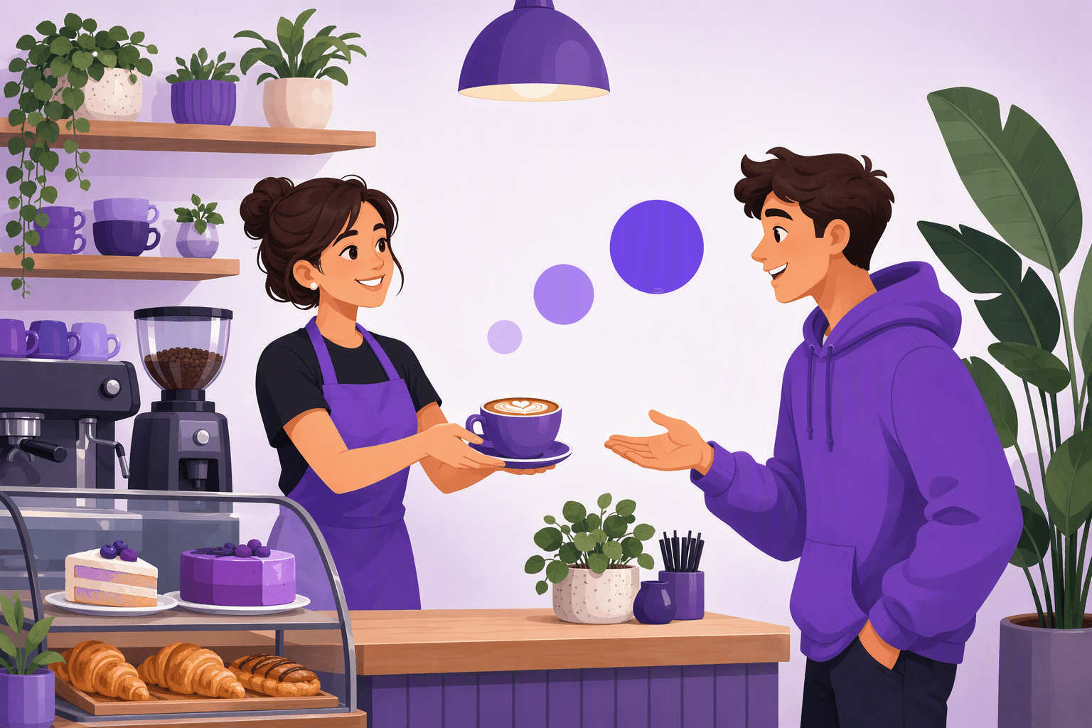A barista handing a latte across a cafe counter to a smiling customer, with three purple dots rising from small and pale to large and bold, showing increasing politeness