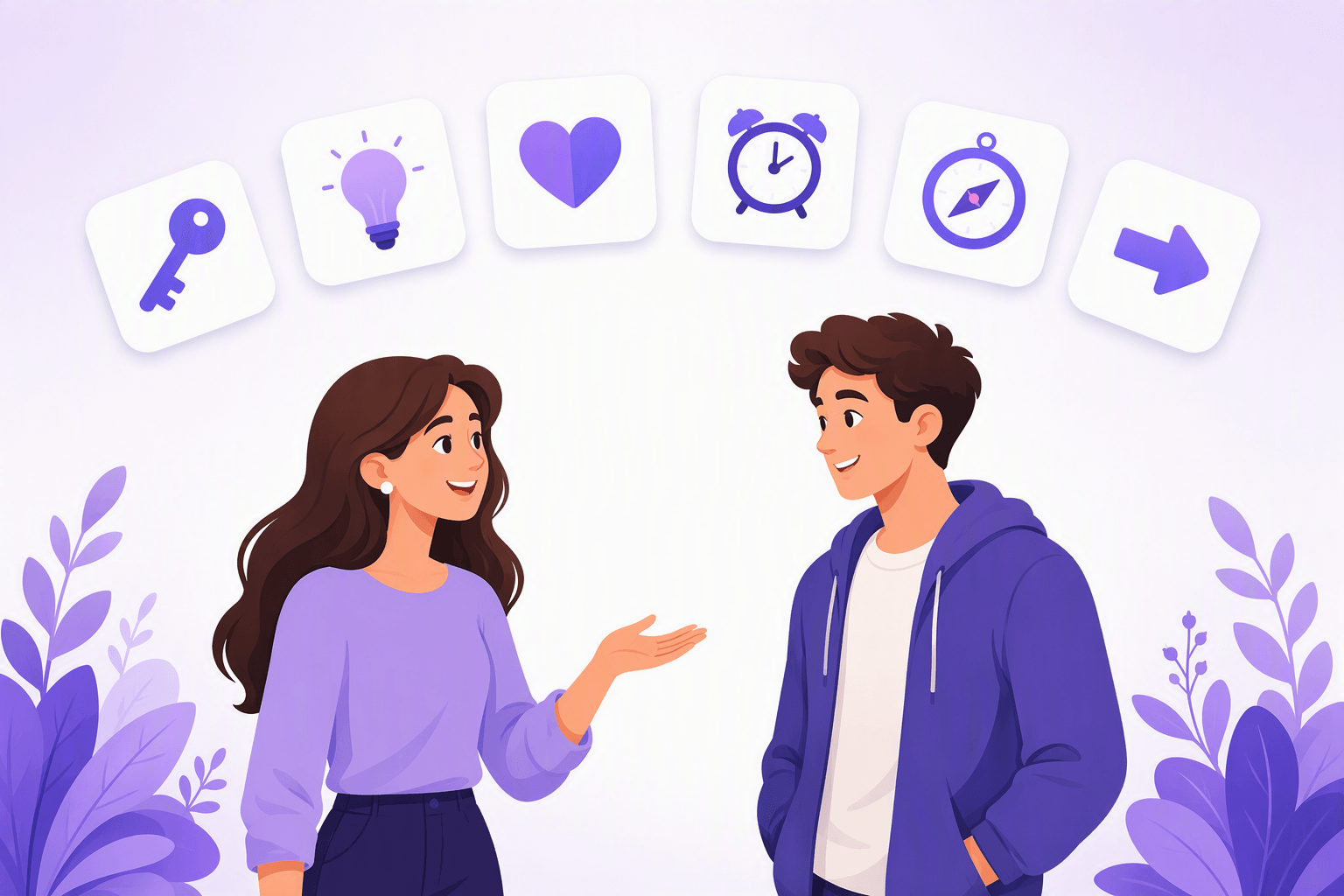 Two people talking, with six icon cards above them standing for permission, ability, liking, necessity, advice and intention