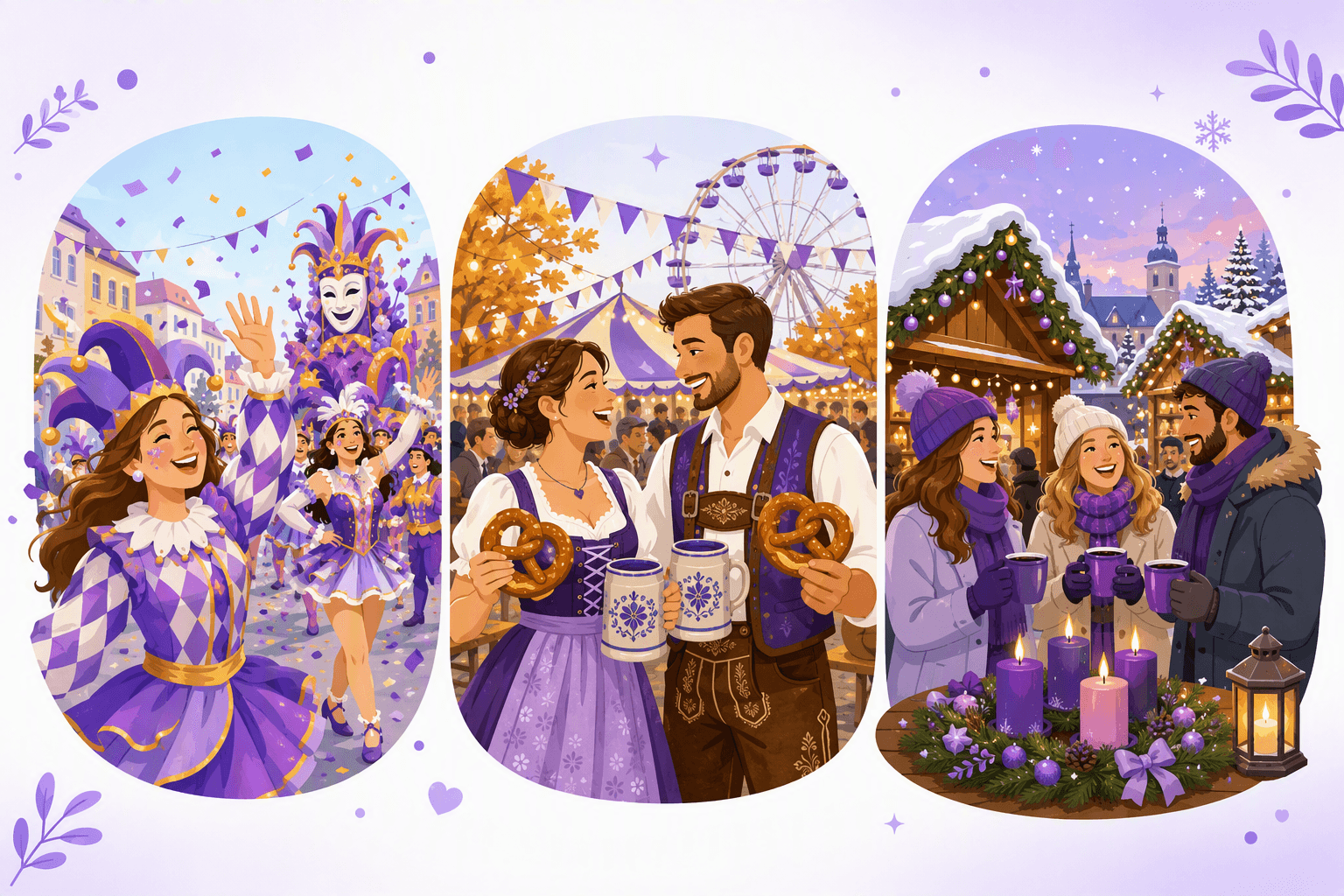 Three German seasonal celebrations side by side: a confetti-filled carnival parade with costumed dancers, an autumn beer tent where a couple in dirndl and lederhosen hold pretzels and steins under a ferris wheel, and a snowy Christmas market with mulled wine mugs and a four-candle Advent wreath