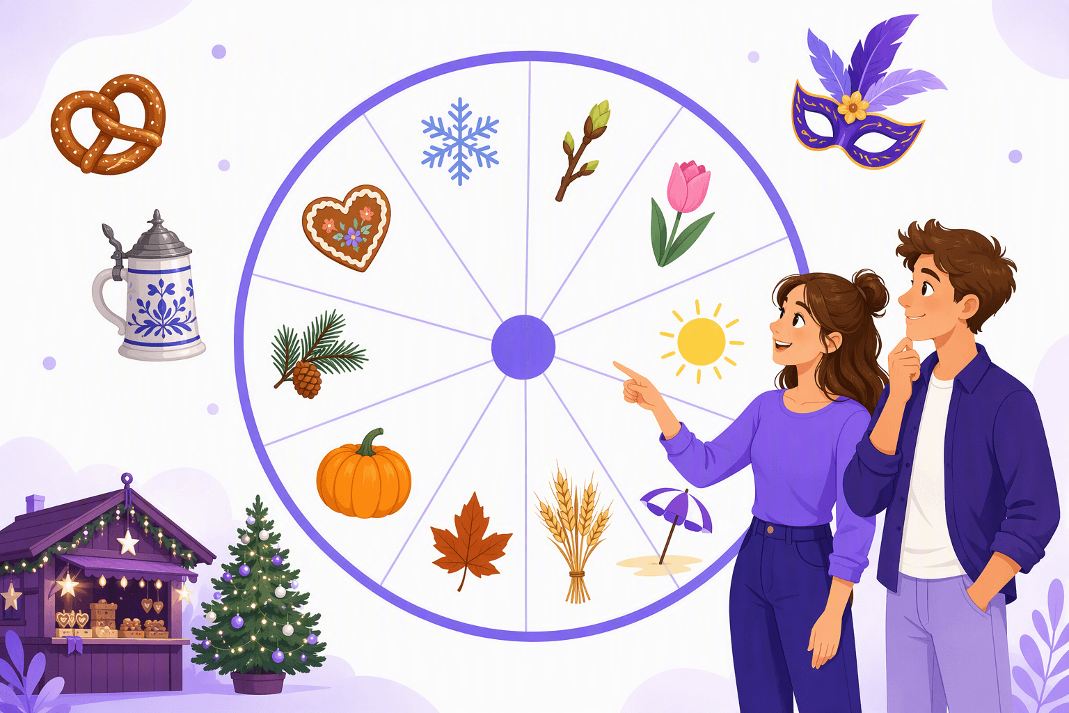 A circular calendar wheel divided into twelve seasonal segments with snowflake, bud, tulip, sun, beach umbrella, wheat, autumn leaf, pumpkin, pine branch and gingerbread heart icons, with a couple studying it beside a pretzel, a beer stein, a carnival mask and a Christmas market stall