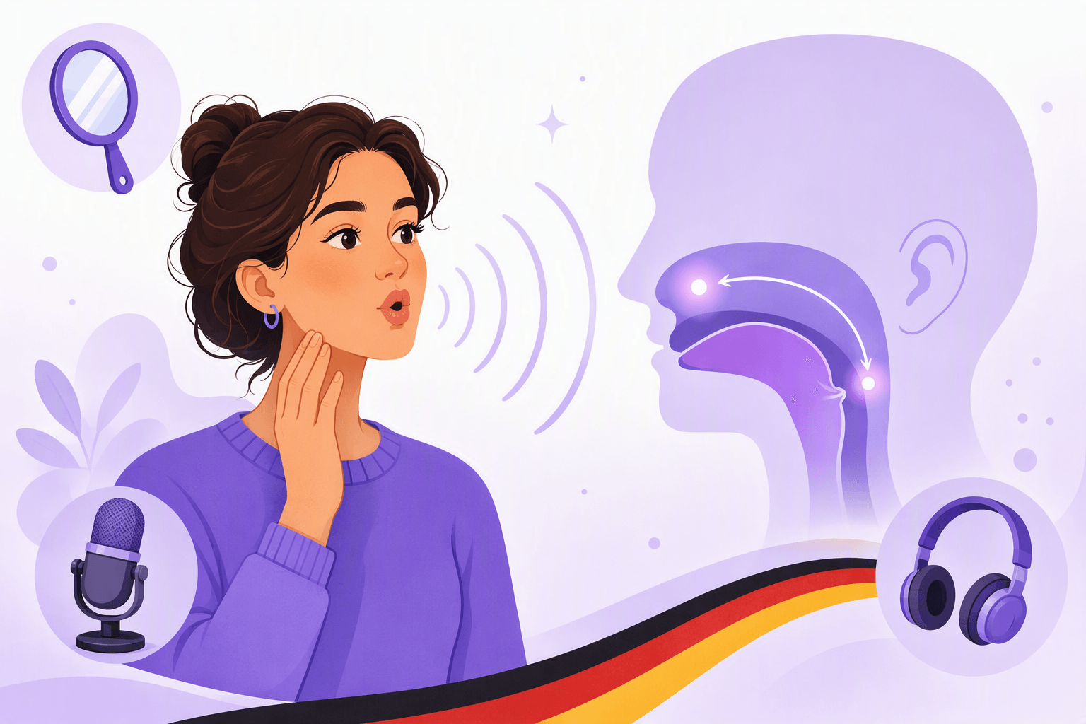 Learner practicing German pronunciation with a mirror and a microphone, beside a side-profile diagram marking the front and back articulation zones inside the mouth