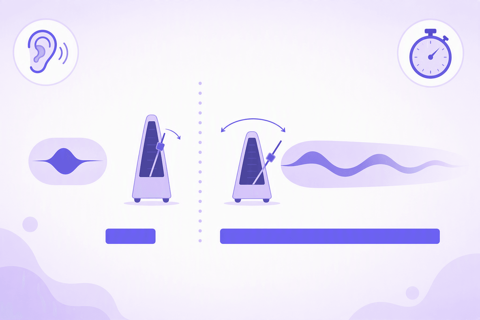 A short clipped sound shape beside a long stretched sound ribbon, each next to a metronome swinging a narrow and a wide arc, with two bars of different length below them